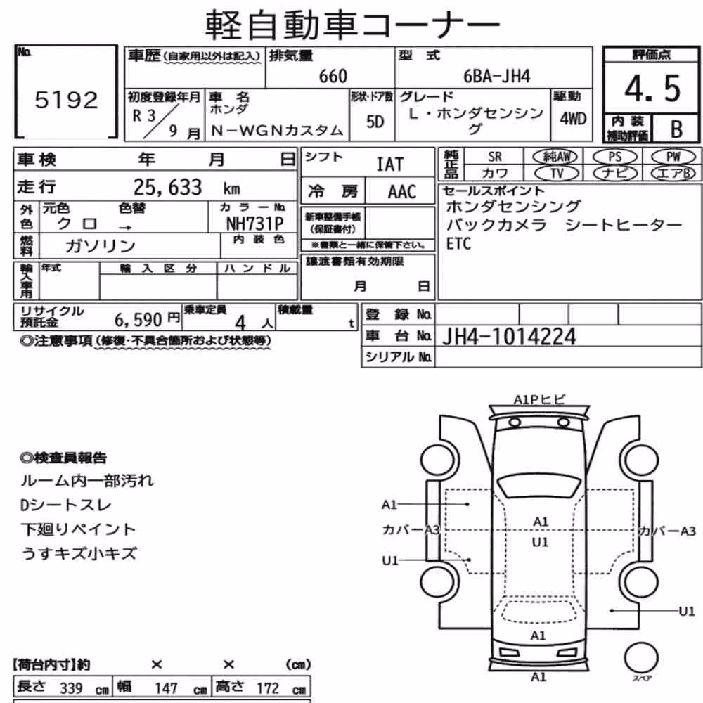 Notka aukcyjna: HONDA N-WGN CUSTOM 4WD L・HONDA SENSING