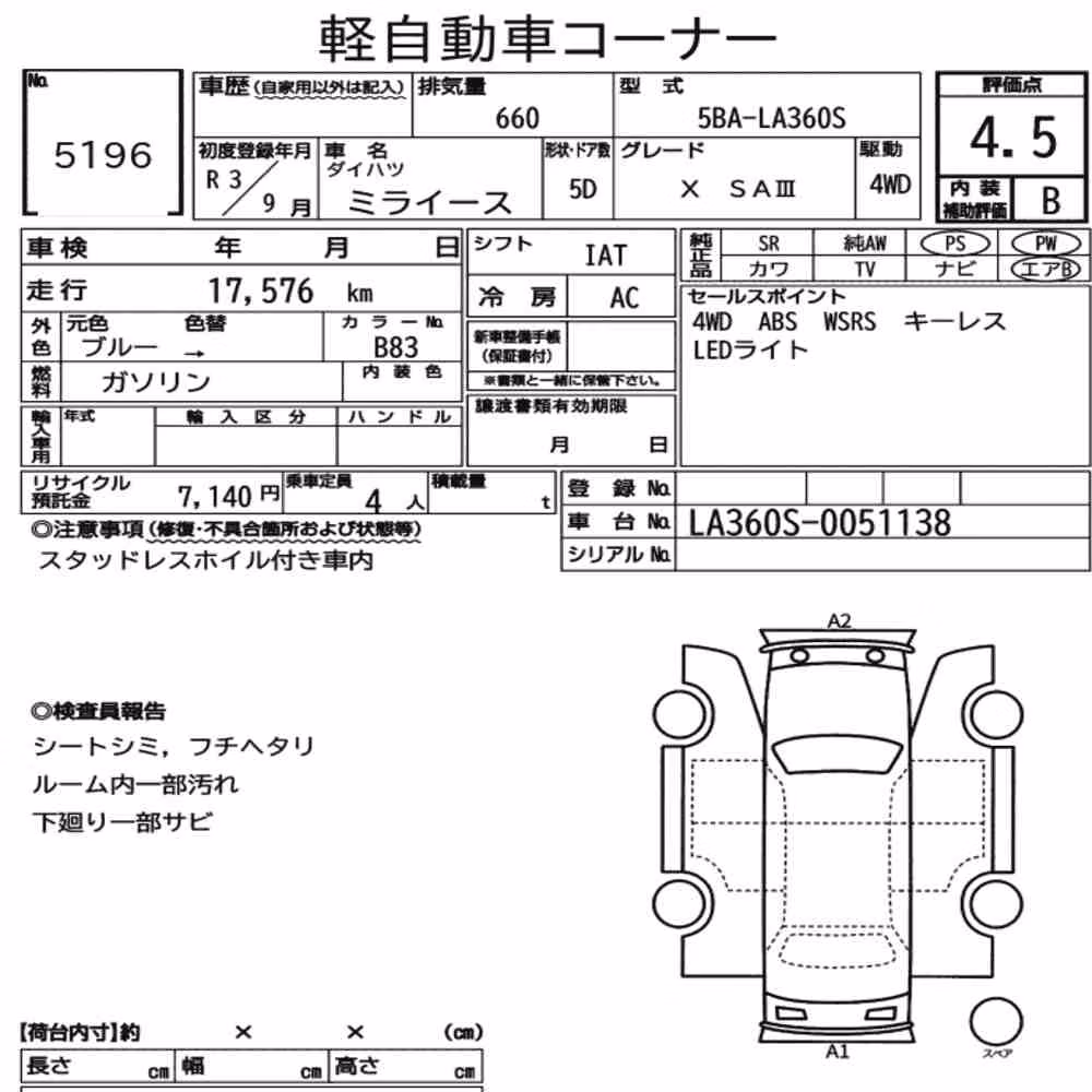 Notka aukcyjna: DAIHATSU MIRA E:S 4WD X SA Ⅲ
