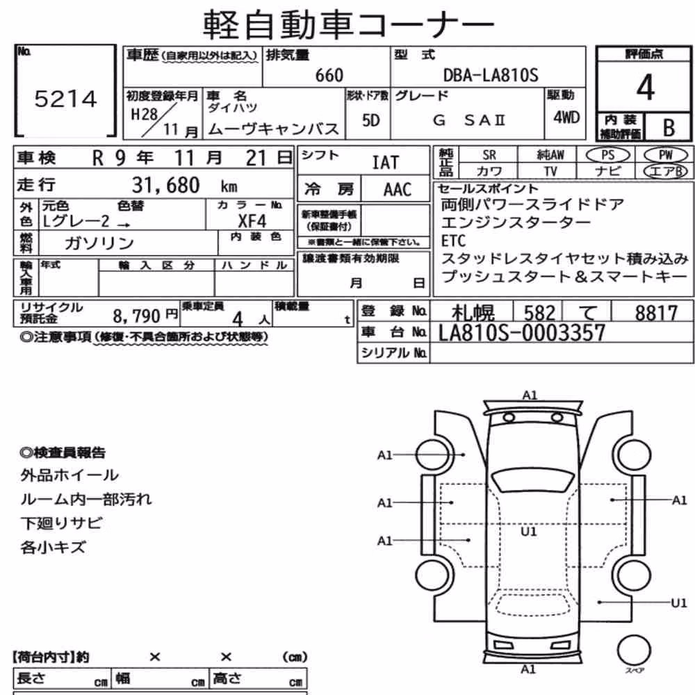 Notka aukcyjna: DAIHATSU MOVE CANBUS 4WD G SAⅡ