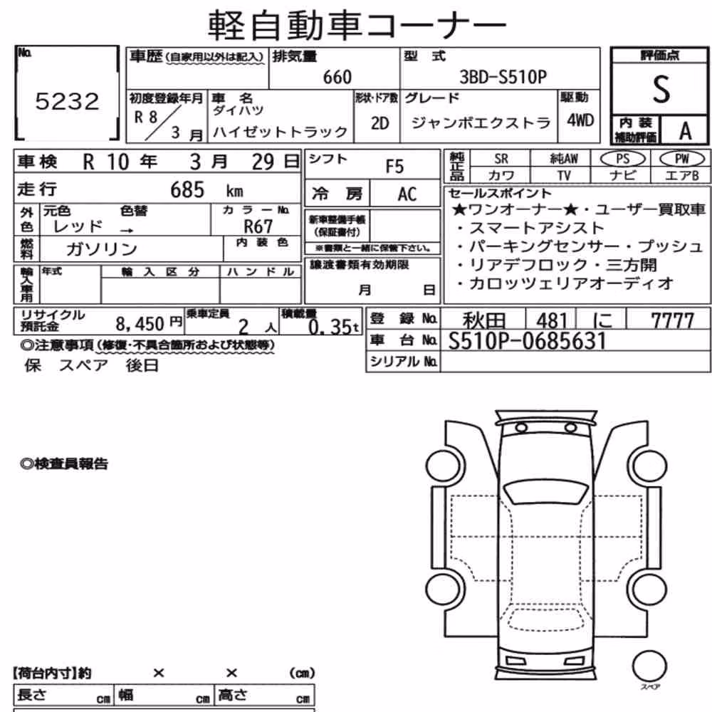 Notka aukcyjna: DAIHATSU HIJET TRUCK 4WD JUMBO EXTRA