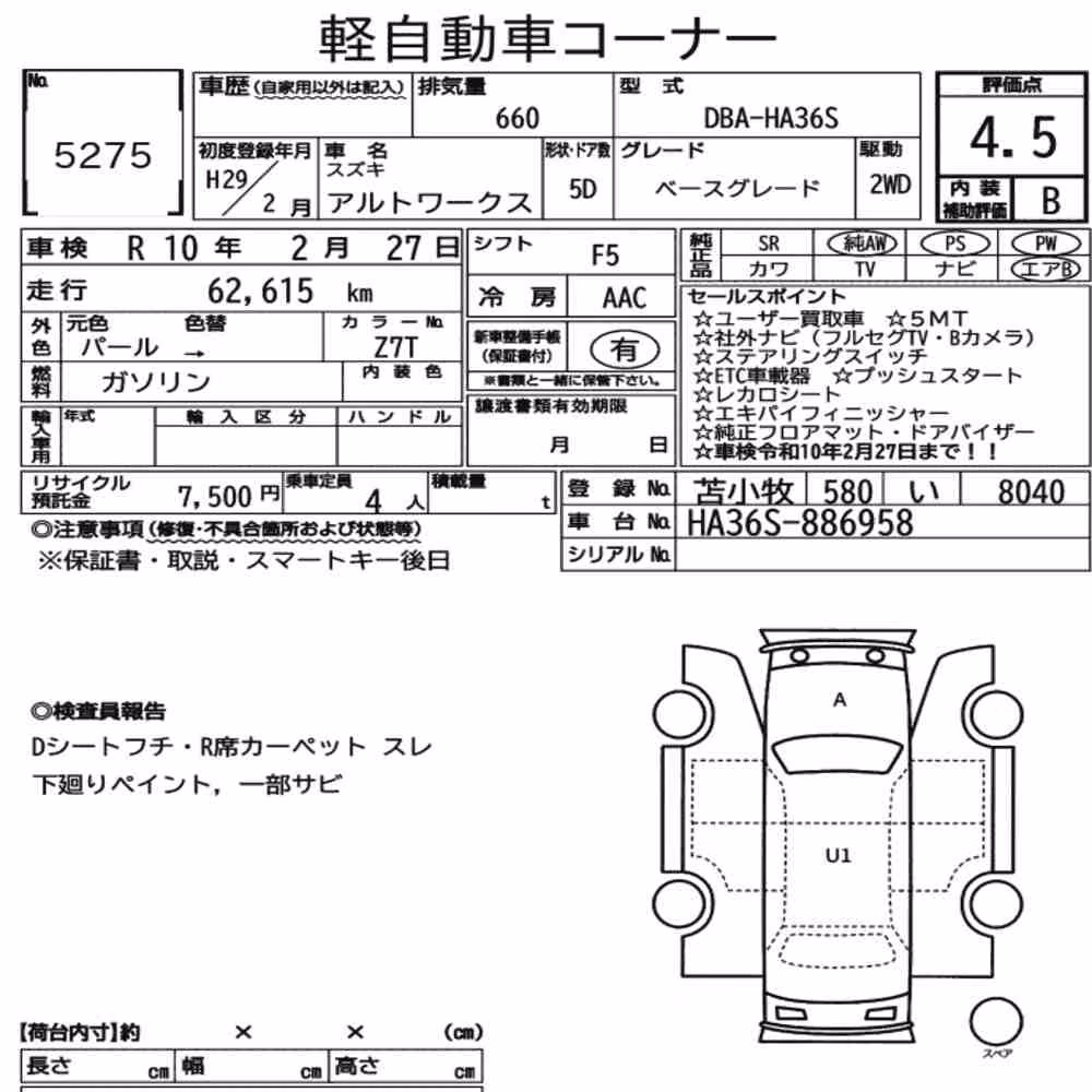 Notka aukcyjna: SUZUKI ALTO WORKS 5D BASE GRADE