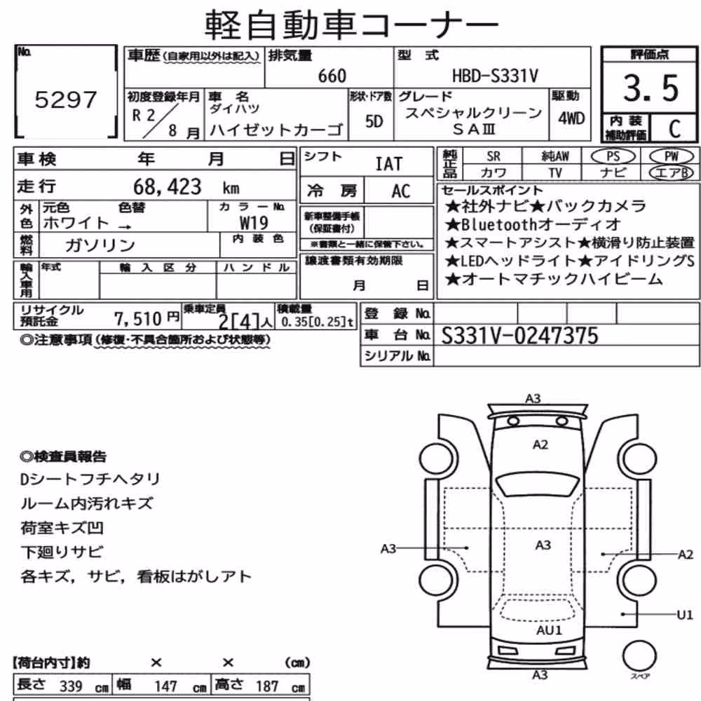 Notka aukcyjna: DAIHATSU HIJET CARGO 5D 4WD SPECIAL CLEAN SA Ⅲ