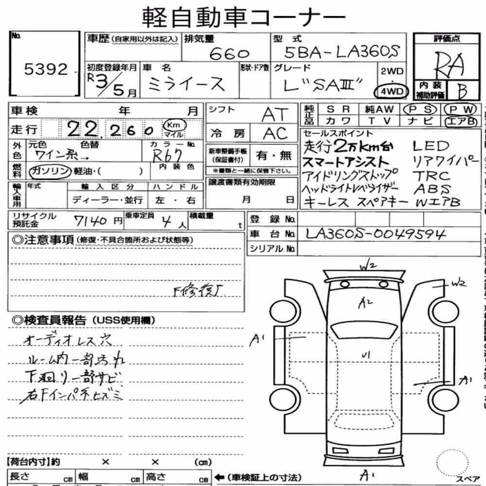 Notka aukcyjna: DAIHATSU MIRA E:S 4WD L SAⅢ