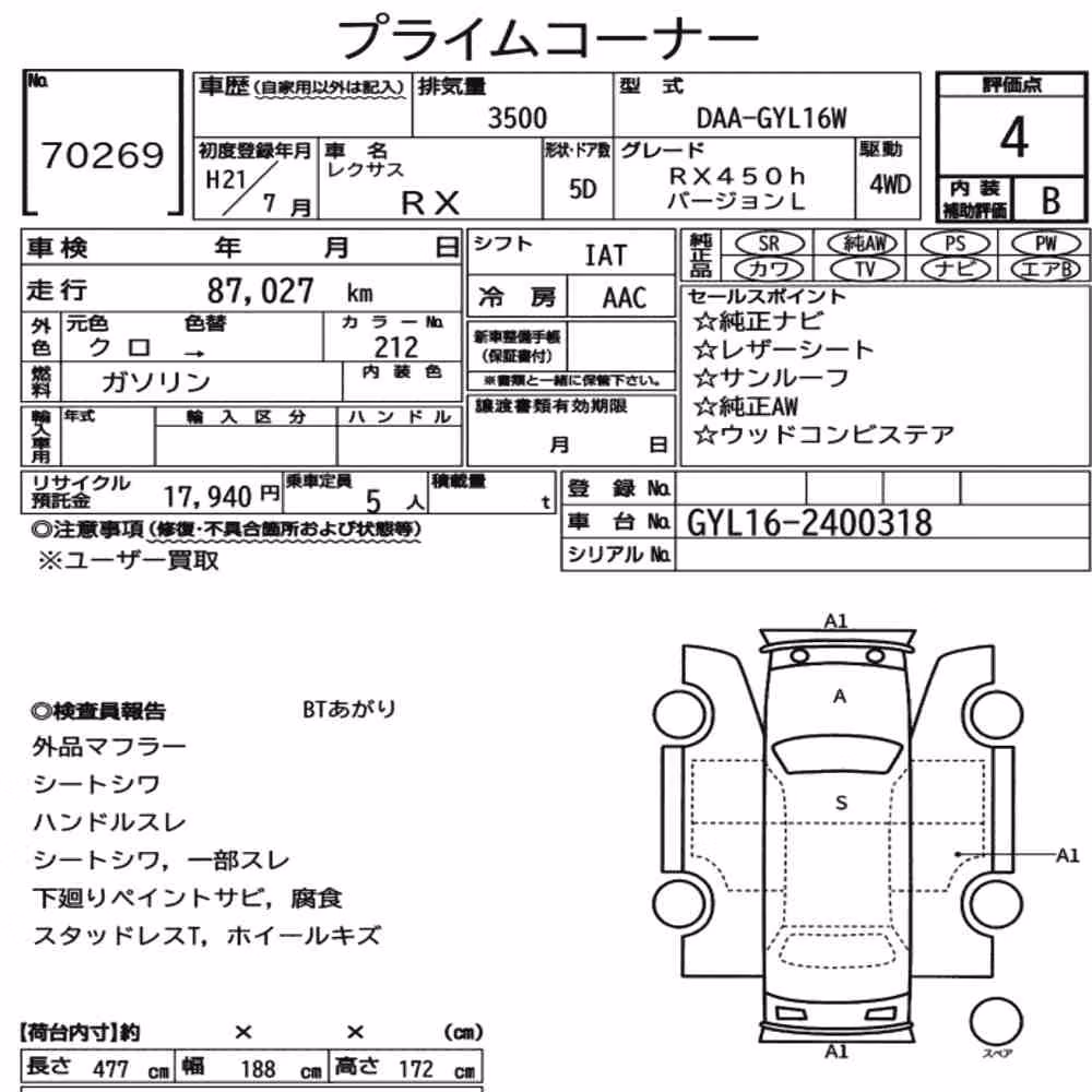 Notka aukcyjna: LEXUS RX 4WD RX450H VERSION L