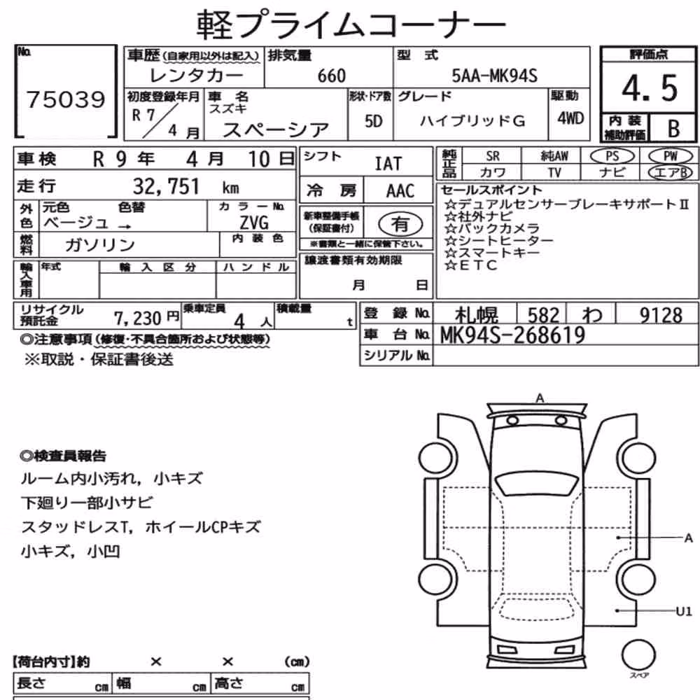 Notka aukcyjna: SUZUKI SPACIA 4WD HYBRID G