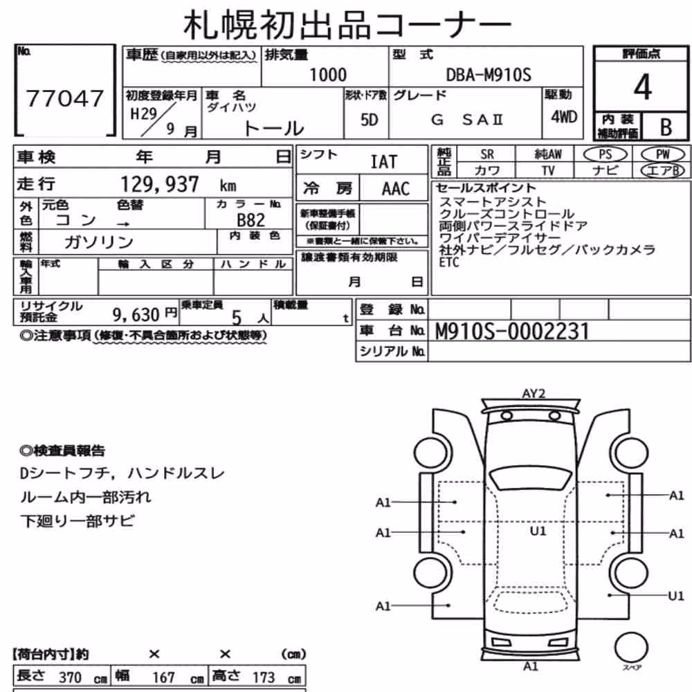 Notka aukcyjna: DAIHATSU THOR 4WD G SAⅡ