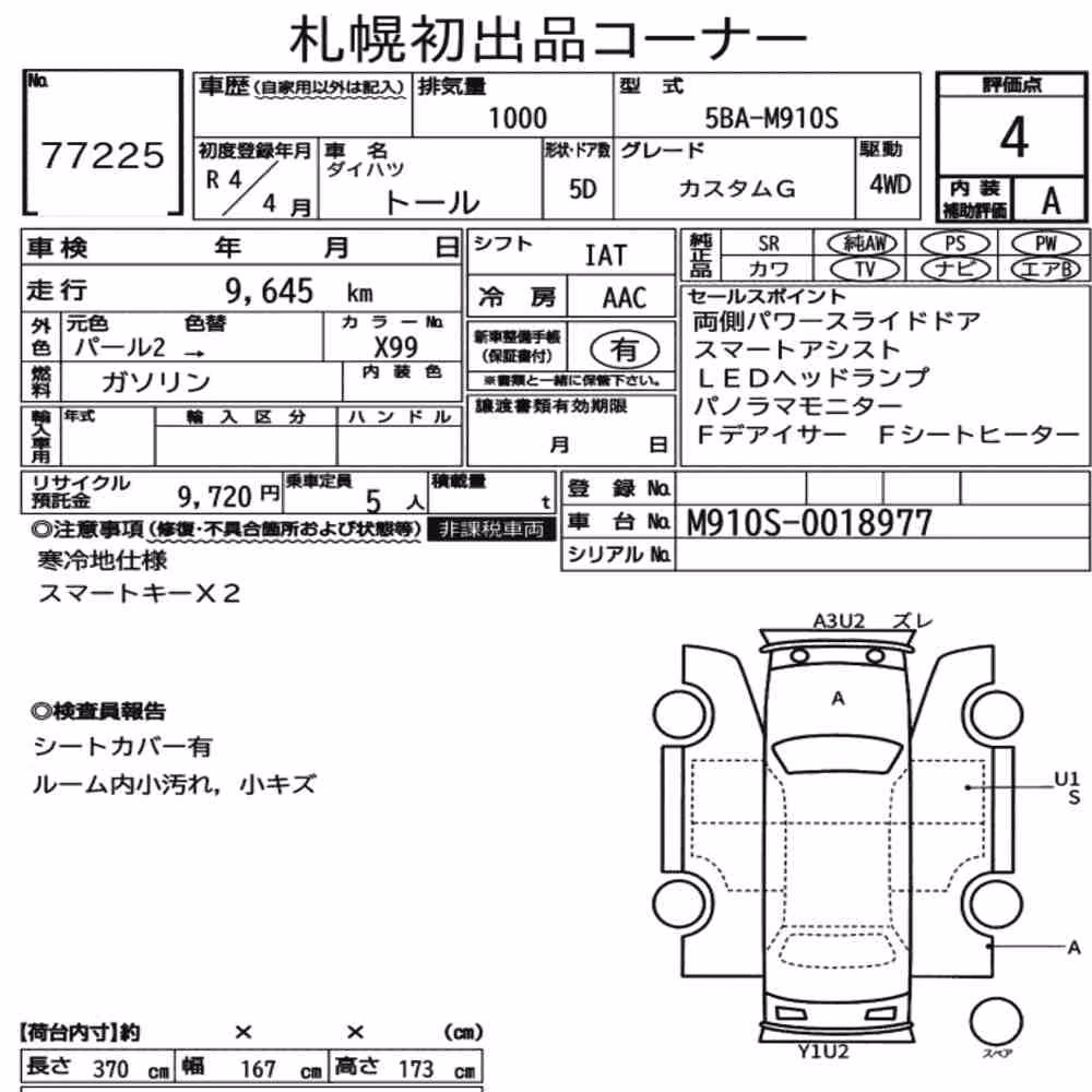 Notka aukcyjna: DAIHATSU THOR 4WD CUSTOM G