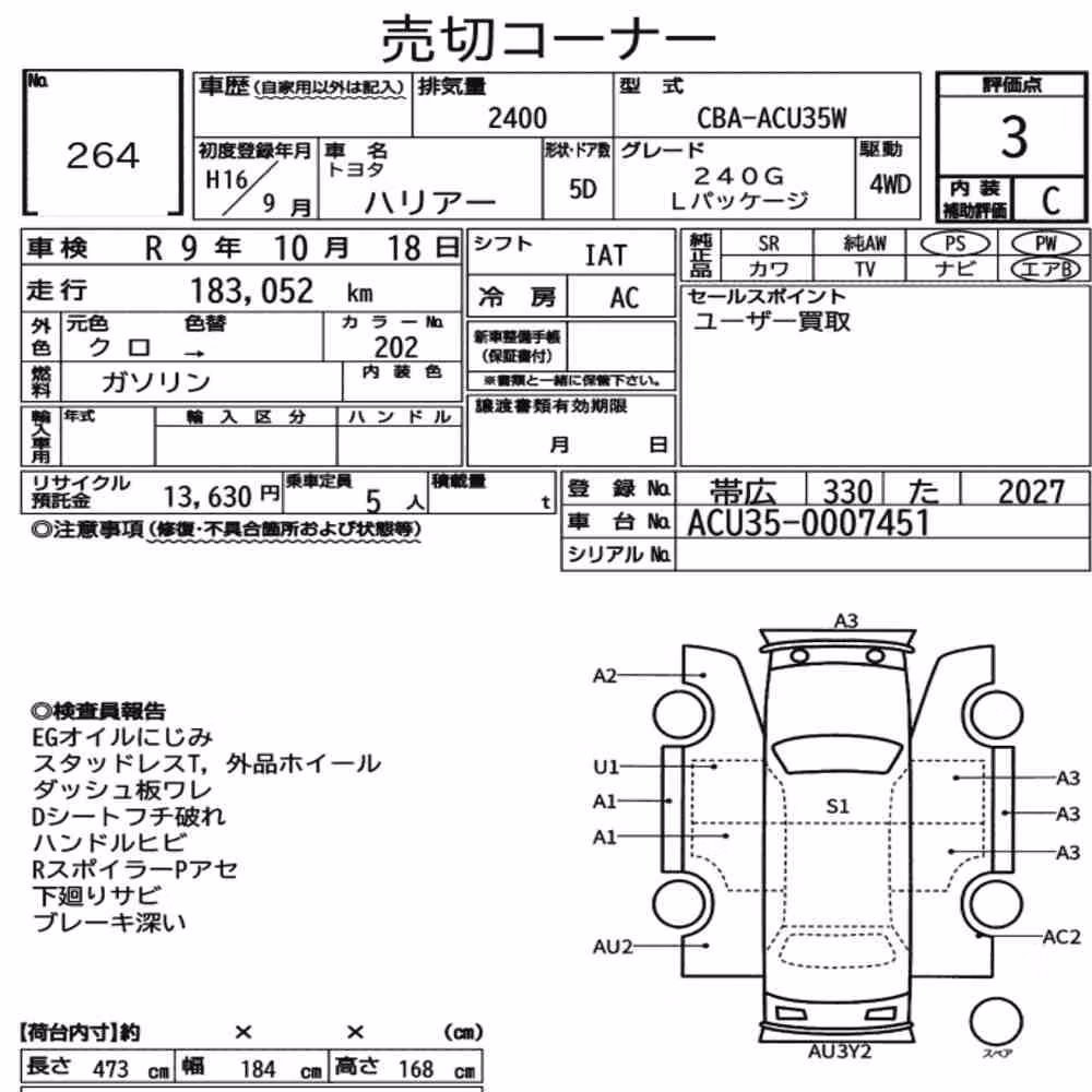 Notka aukcyjna: TOYOTA HARRIER 4WD 240G L PACKAGE