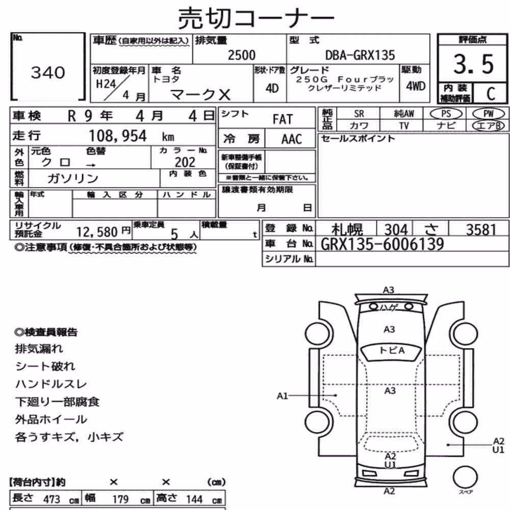 Notka aukcyjna: TOYOTA MARK X 4WD 250G FOUR BLACK LEATHER LIMITED