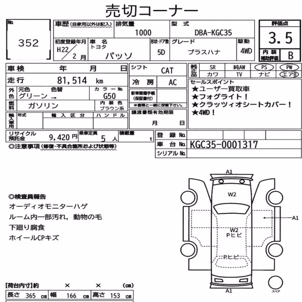Notka aukcyjna: TOYOTA PASSO 4WD +HANA