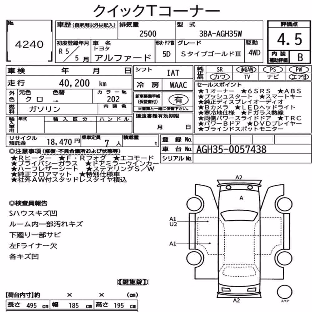 Notka aukcyjna: TOYOTA ALPHARD 4WD S TYPE GOLDⅢ