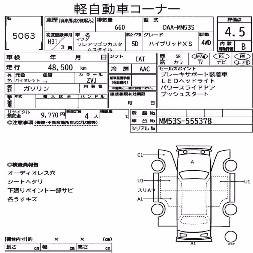 Notka aukcyjna: MAZDA FLAIR WAGON CUSTOM STYLE 4WD HYBRID XS
