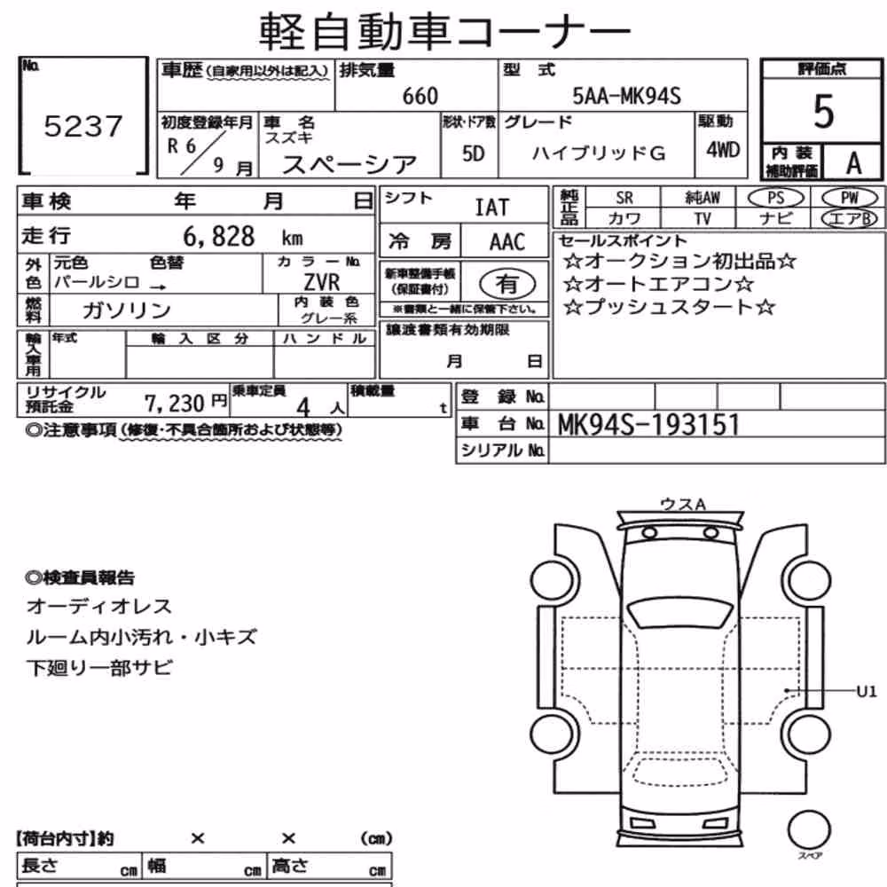 Notka aukcyjna: SUZUKI SPACIA 4WD HYBRID G