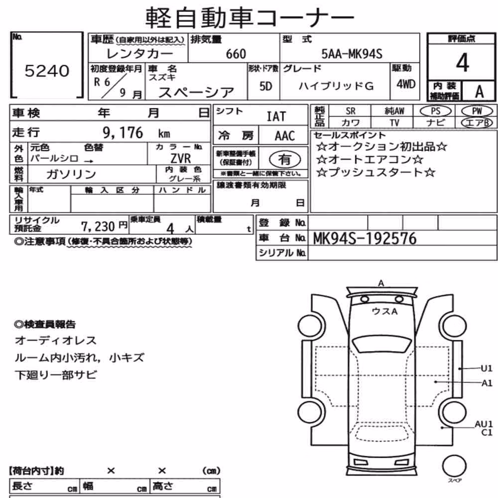Notka aukcyjna: SUZUKI SPACIA 4WD HYBRID G