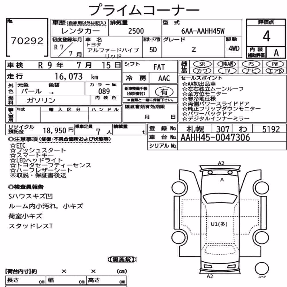 Notka aukcyjna: TOYOTA ALPHARD HYBRID 4WD Z