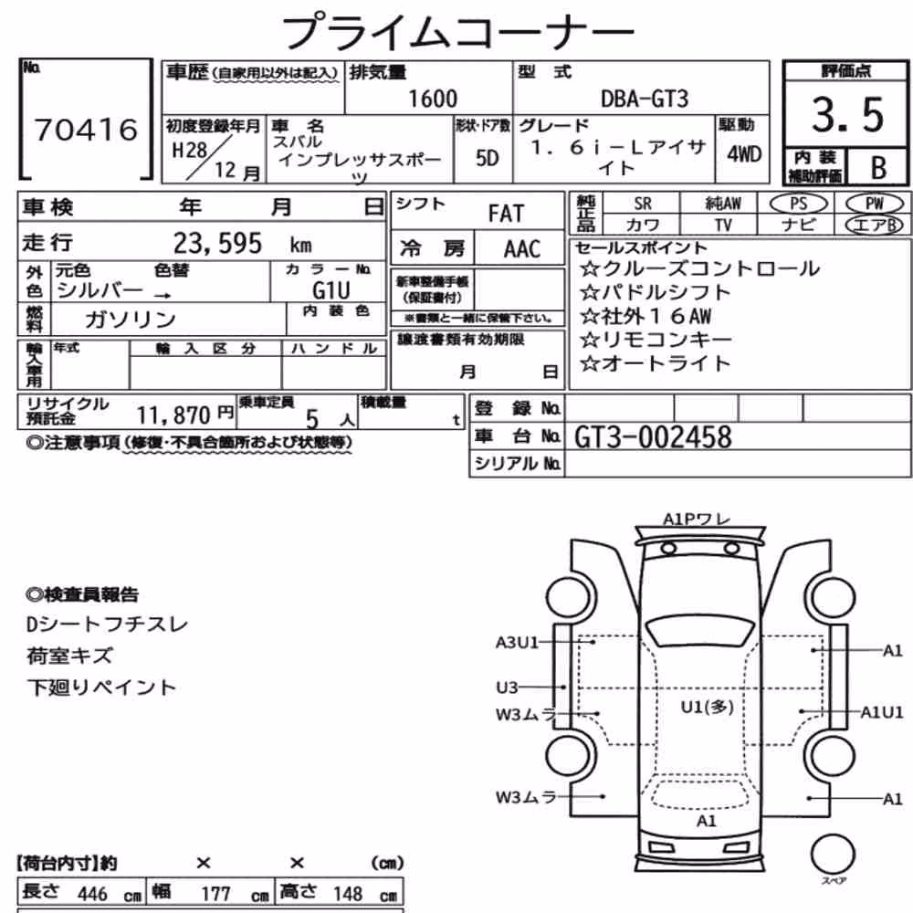 Notka aukcyjna: SUBARU IMPREZA SPORT 4WD 1.6I-L EYESIGHT