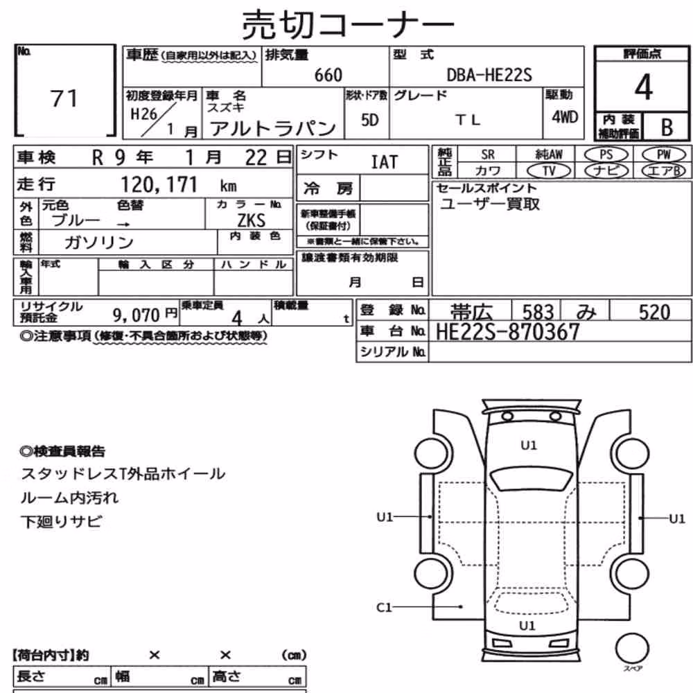 Notka aukcyjna: SUZUKI ALTO LAPIN 4WD TL