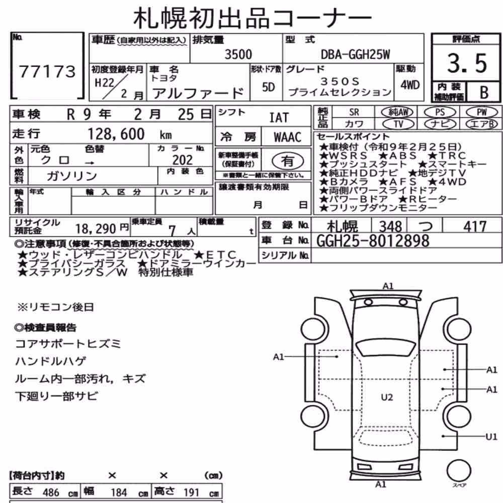 Notka aukcyjna: TOYOTA ALPHARD 4WD 350S PRIME SELECTION