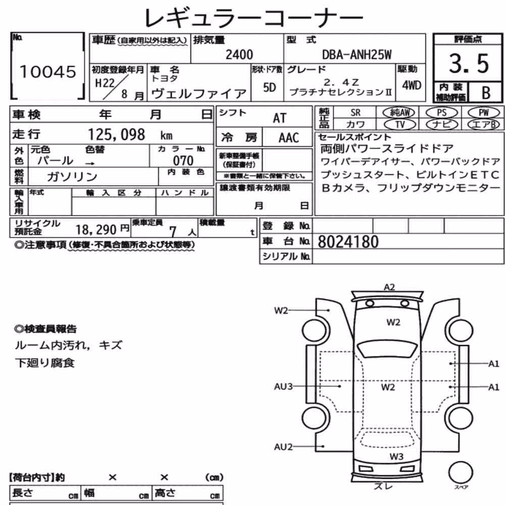 Notka aukcyjna: TOYOTA VELLFIRE 4WD 2.4Z PLATINUM SELECTION Ⅱ