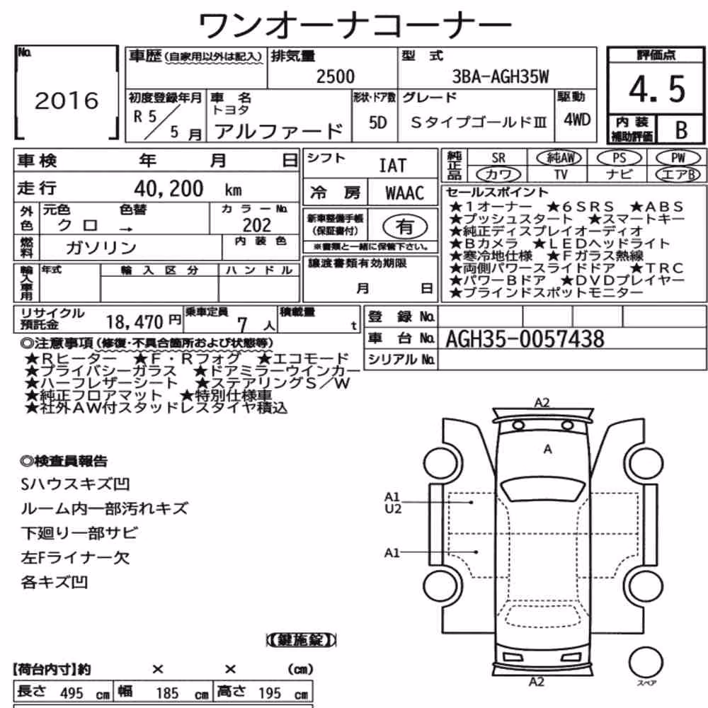 Notka aukcyjna: TOYOTA ALPHARD 4WD S TYPE GOLDⅢ