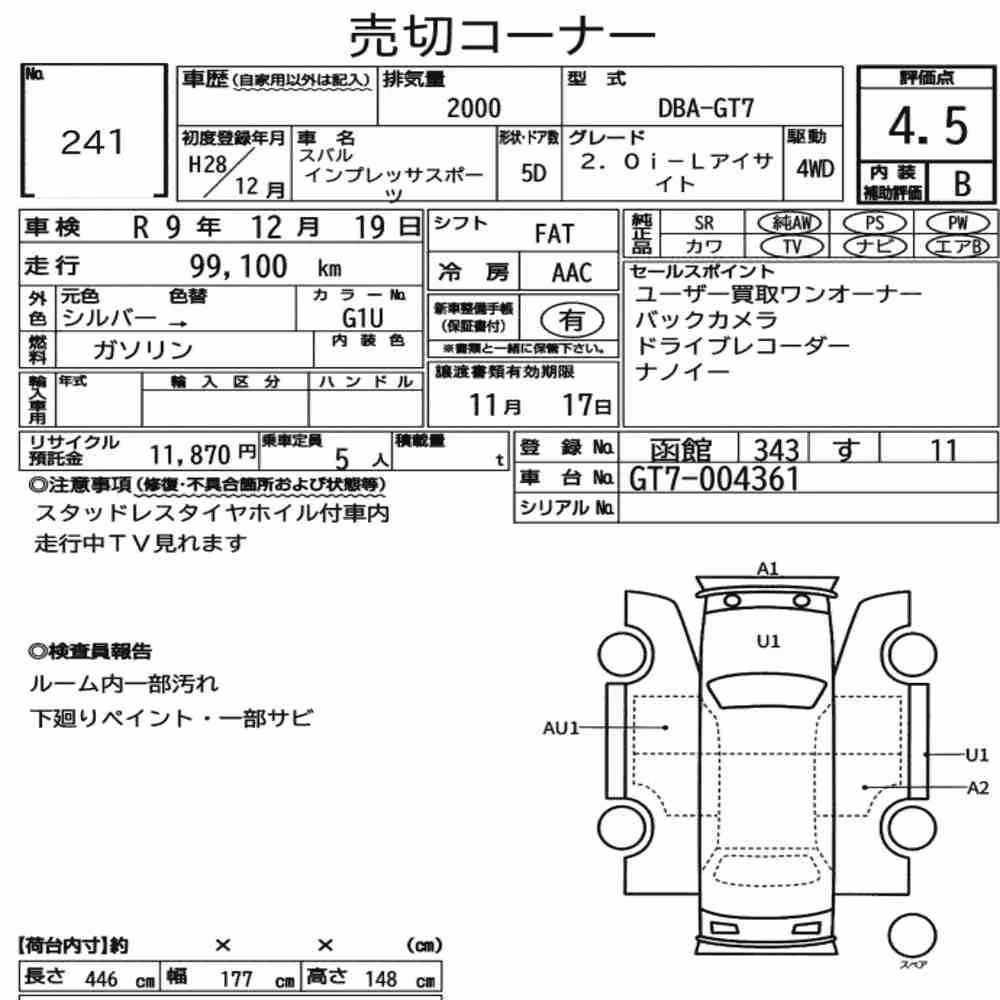 Notka aukcyjna: SUBARU IMPREZA SPORT 4WD 2.0I-L EYESIGHT