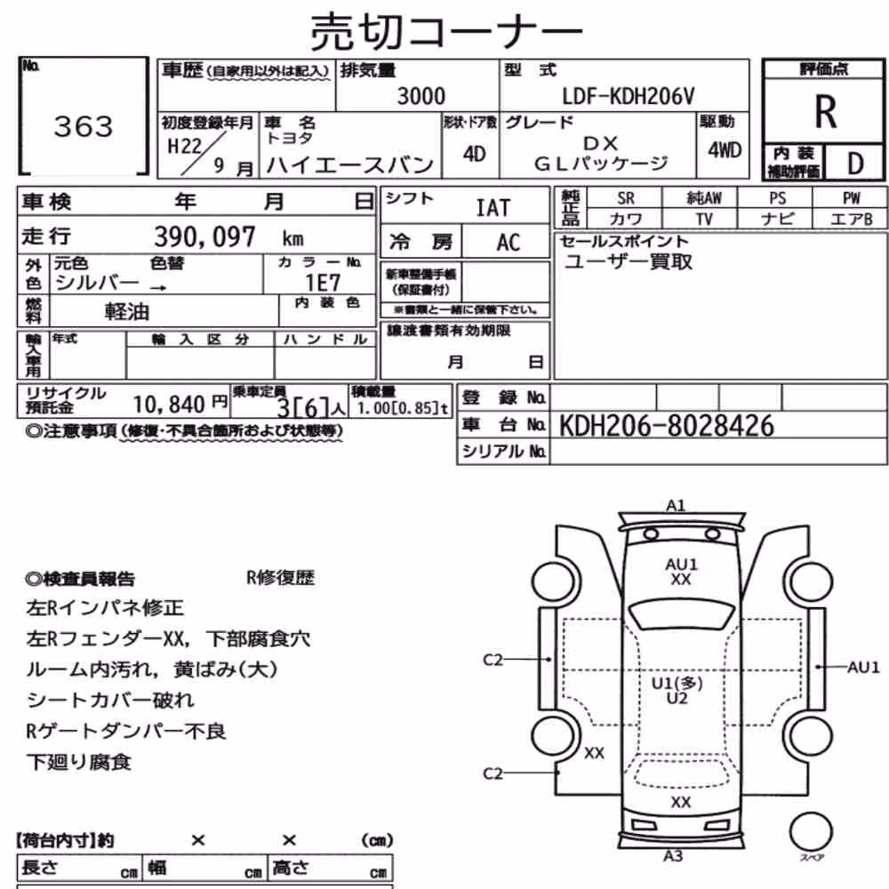 Notka aukcyjna: TOYOTA HIACE VAN 4D 4WD DX GL PACKAGE