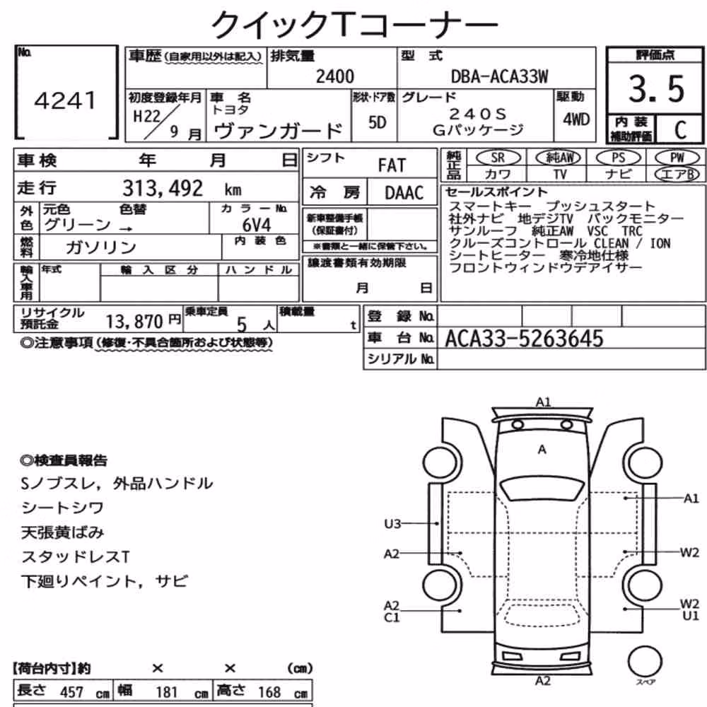 Notka aukcyjna: TOYOTA VANGUARD 4WD 240S G PACKAGE