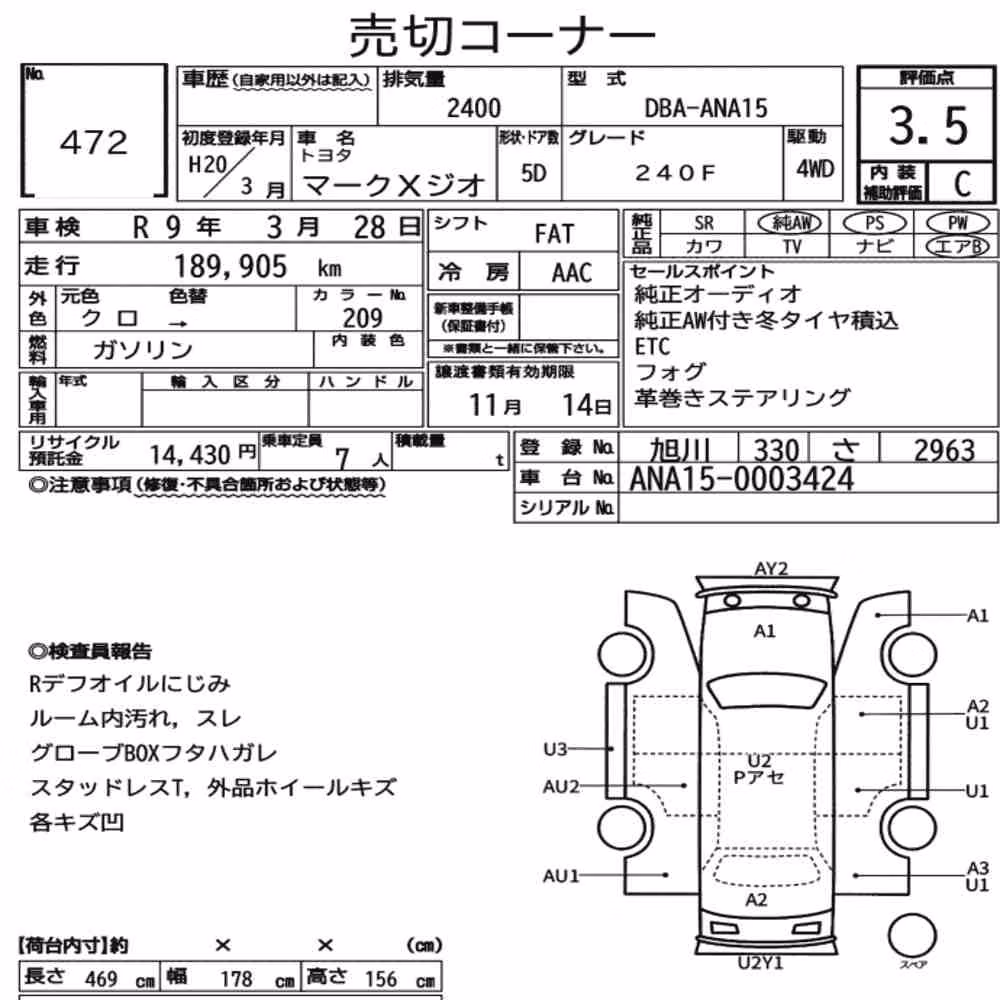 Notka aukcyjna: TOYOTA MARK X ZIO 4WD 240F