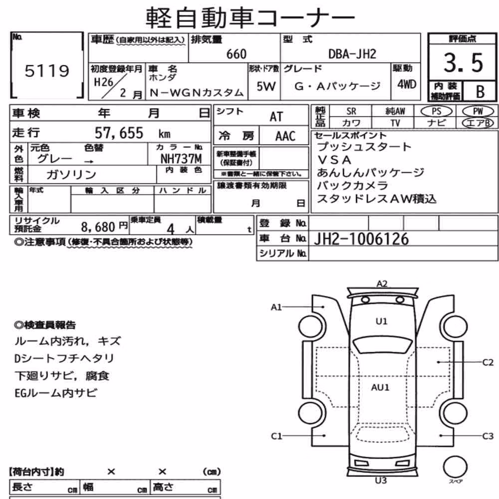 Notka aukcyjna: HONDA N-WGN CUSTOM 4WD G・A PACKAGE
