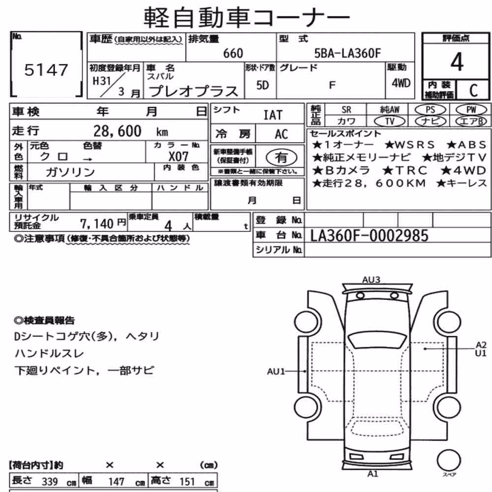 Notka aukcyjna: SUBARU PLEO PLUS 4WD F