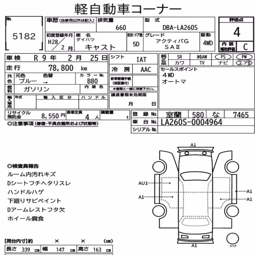 Notka aukcyjna: DAIHATSU CAST 4WD ACTIVA G SA Ⅱ