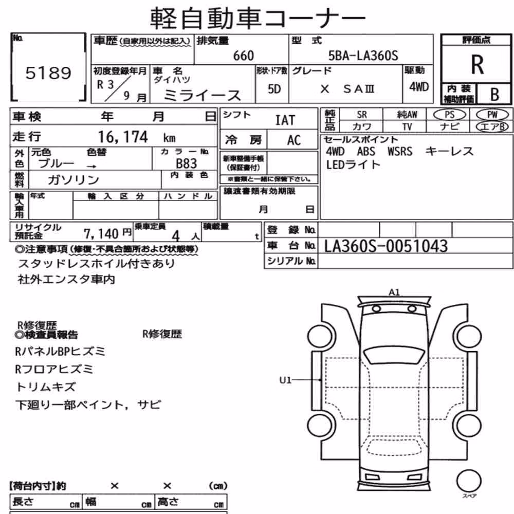 Notka aukcyjna: DAIHATSU MIRA E:S 4WD X SA Ⅲ