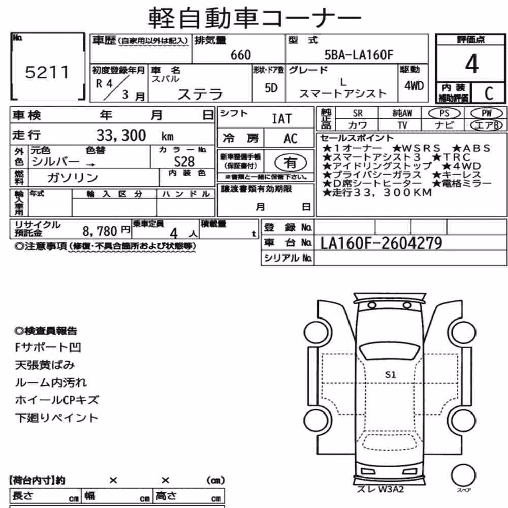 Notka aukcyjna: SUBARU STELLA 4WD L SMART ASSIST