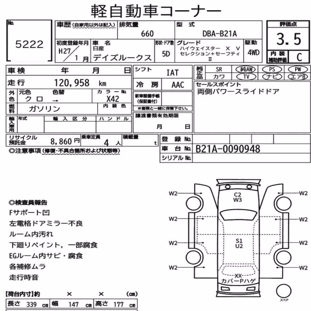 Notka aukcyjna: NISSAN DAYZ ROOX 4WD HIGHWAY STAR X V SELECTION + SAFETY Ⅱ