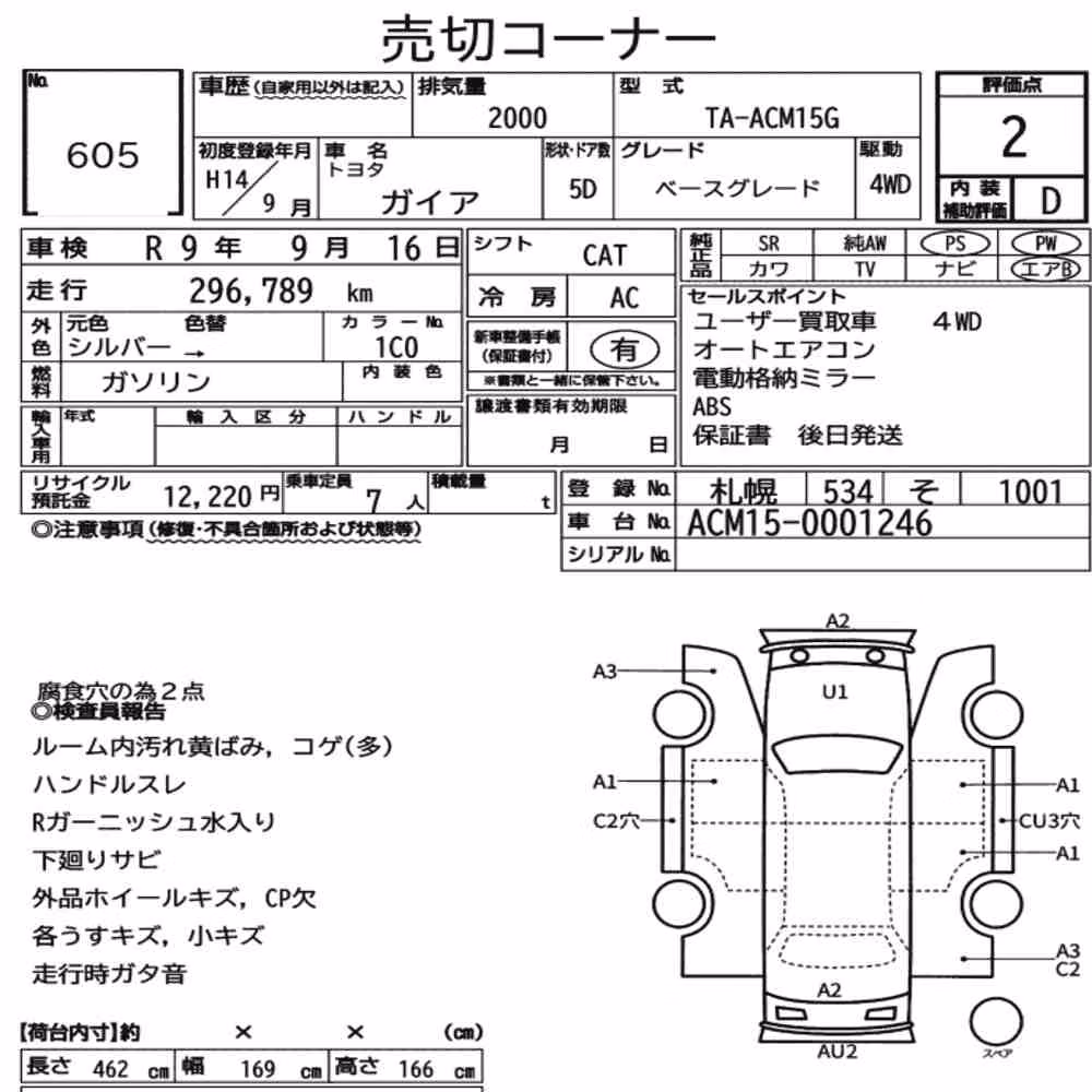 Notka aukcyjna: TOYOTA GAIA 4WD BASE GRADE