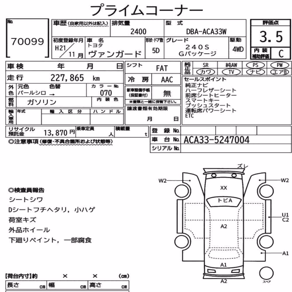 Notka aukcyjna: TOYOTA VANGUARD 4WD 240S G PACKAGE