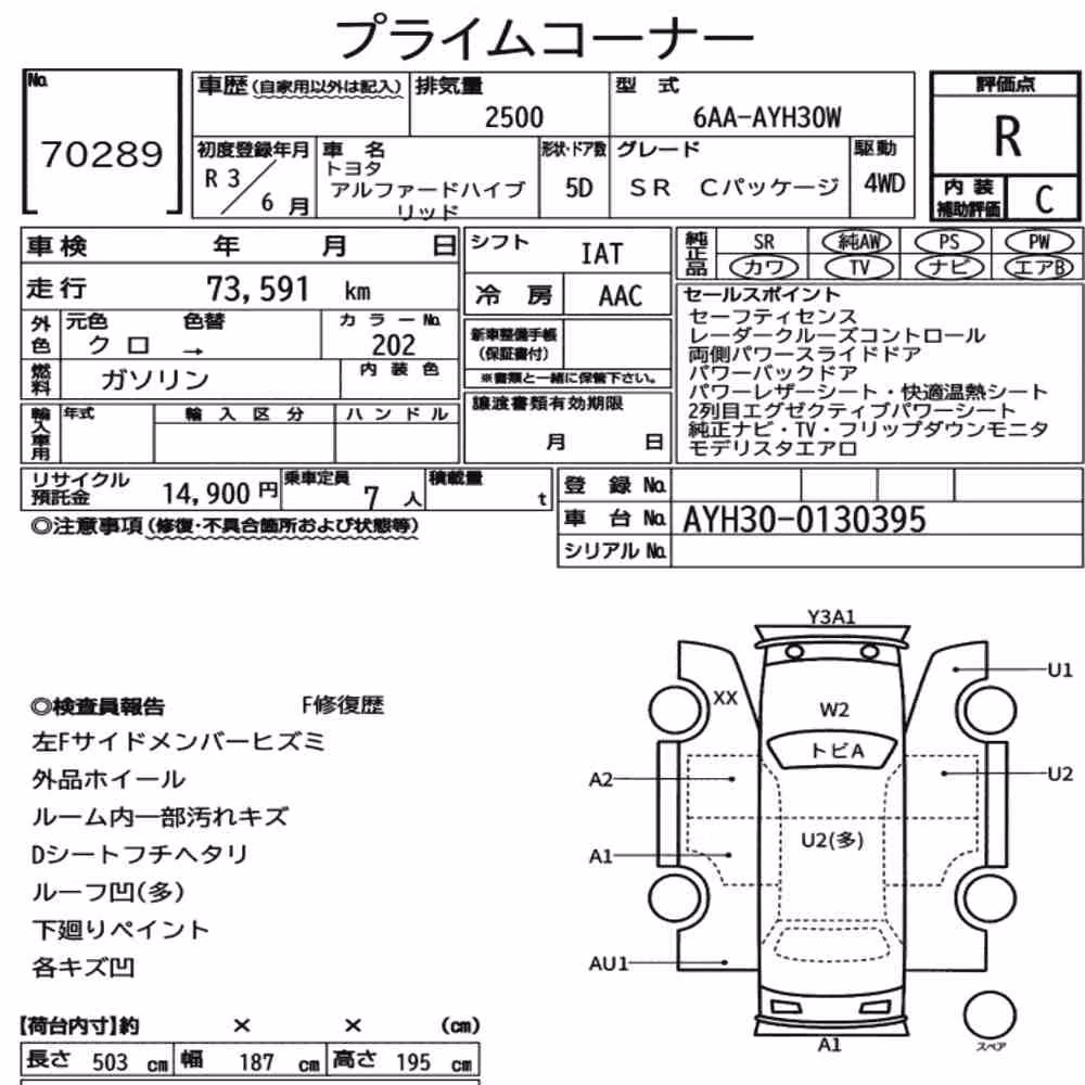Notka aukcyjna: TOYOTA ALPHARD HYBRID 4WD SR C PACKAGE