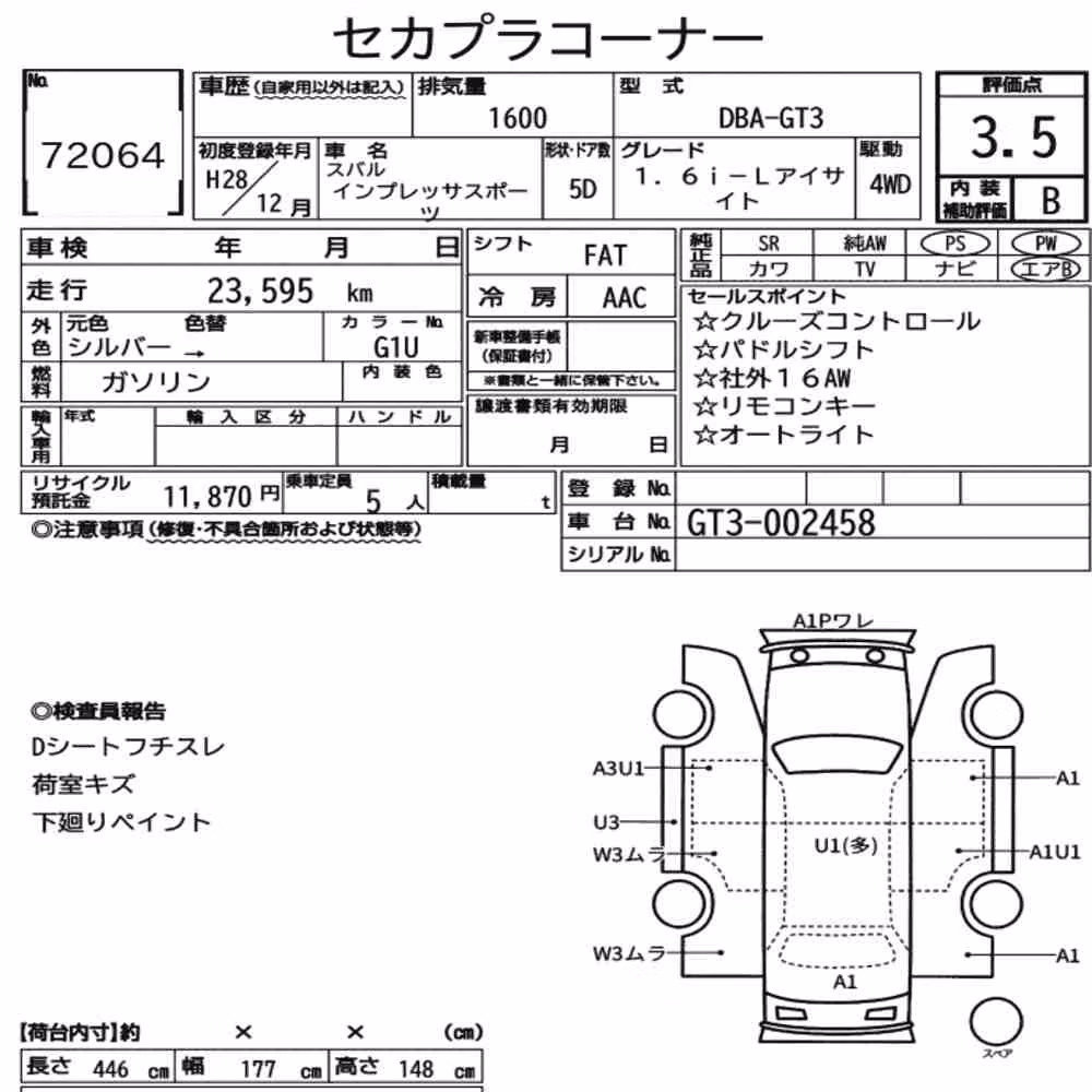 Notka aukcyjna: SUBARU IMPREZA SPORT 4WD 1.6I-L EYESIGHT