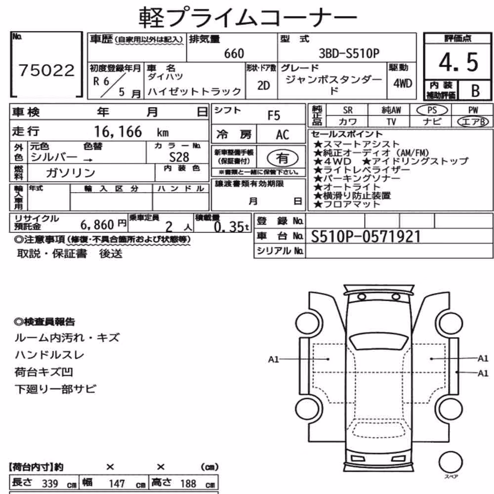 Notka aukcyjna: DAIHATSU HIJET TRUCK 4WD JUMBO STANDARD