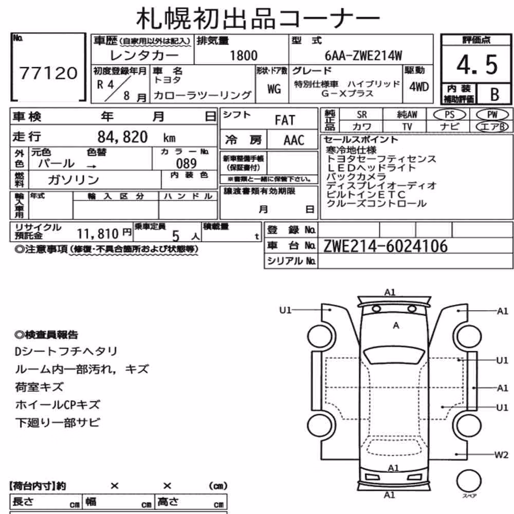Notka aukcyjna: TOYOTA COROLLA TOURING 4WD SPECIAL EDITION HYBRID G-X PLUS