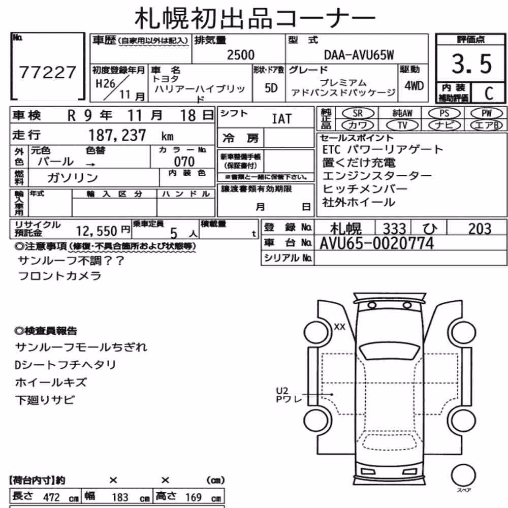 Notka aukcyjna: TOYOTA HARRIER HYBRID 4WD PREMIUM ADVANCED PACKAGE