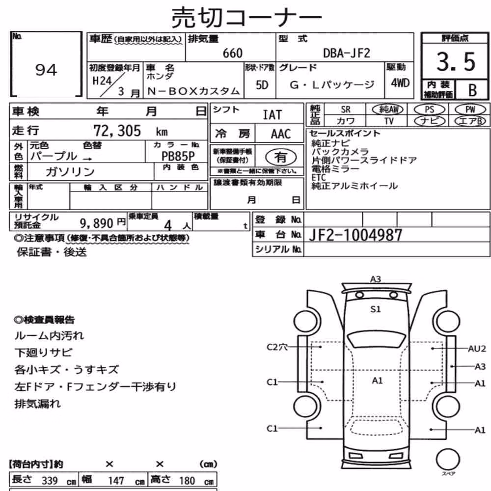 Notka aukcyjna: HONDA N-BOX CUSTOM 4WD G・L PACKAGE