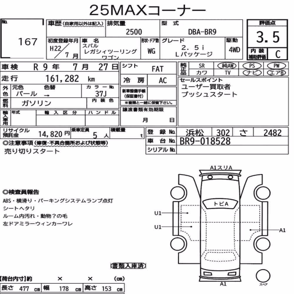 Notka aukcyjna: SUBARU LEGACY TOURING WAGON 4WD 2.5I L PACKAGE