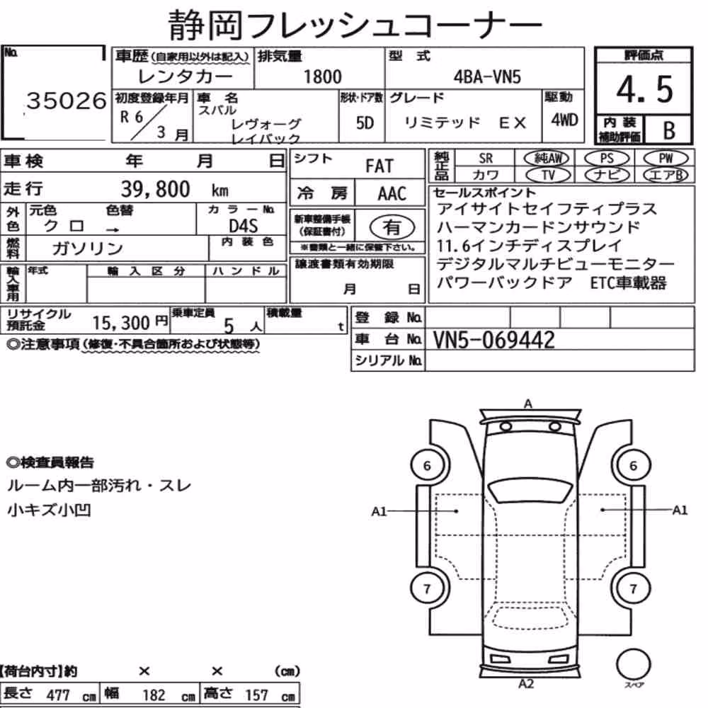 Notka aukcyjna: SUBARU LEVORG LAYBACK 4WD LIMITED EX