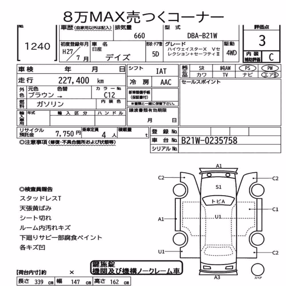Notka aukcyjna: NISSAN DAYZ 4WD HIGHWAY STAR X V SELECTION + SAFETY Ⅱ