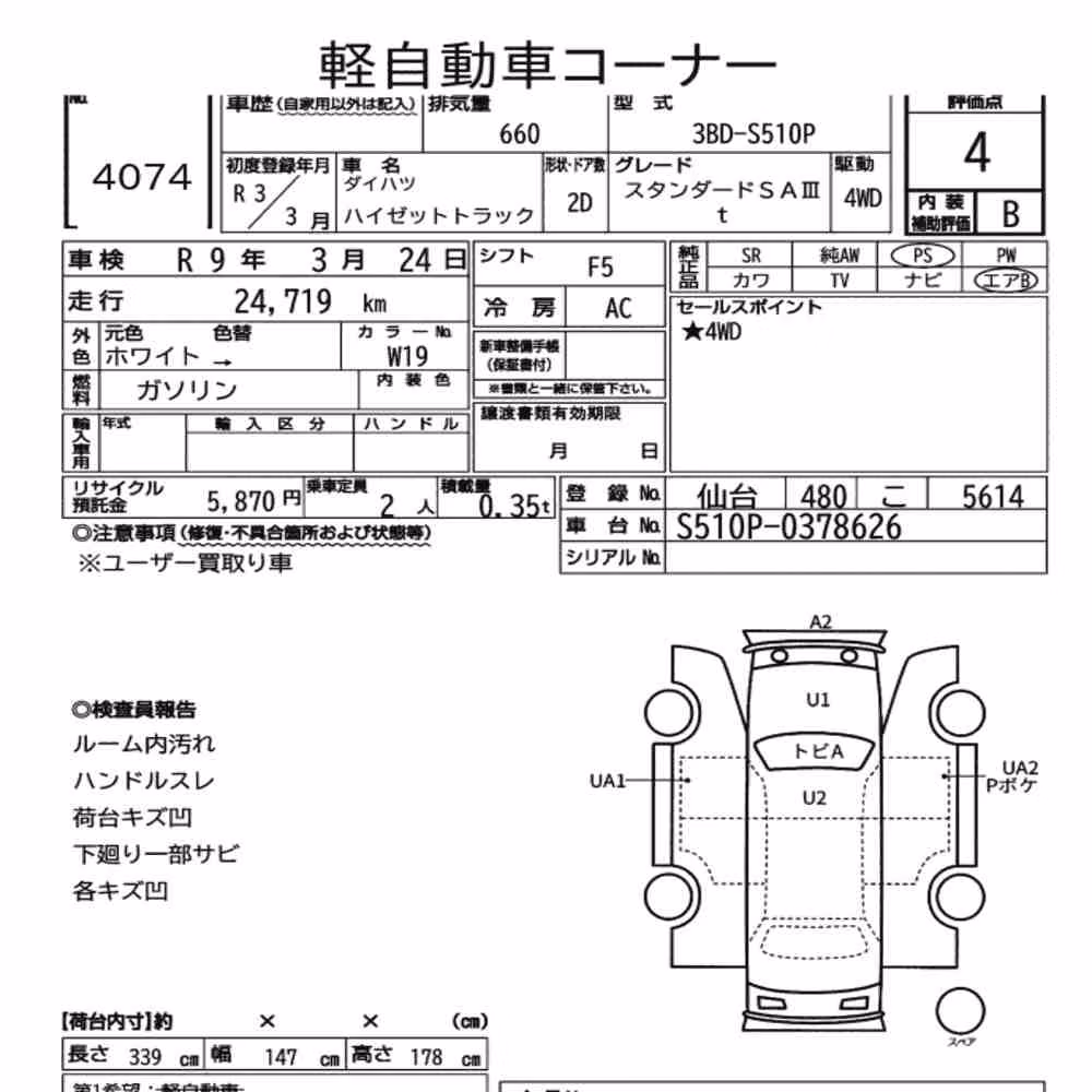 Notka aukcyjna: DAIHATSU HIJET TRUCK 4WD STANDARD SA ⅢT
