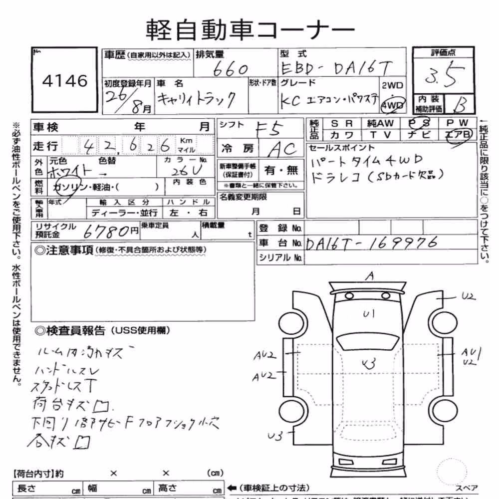 Notka aukcyjna: SUZUKI CARRY TRUCK 4WD KC AIR CONDITIONING POWER STEERING