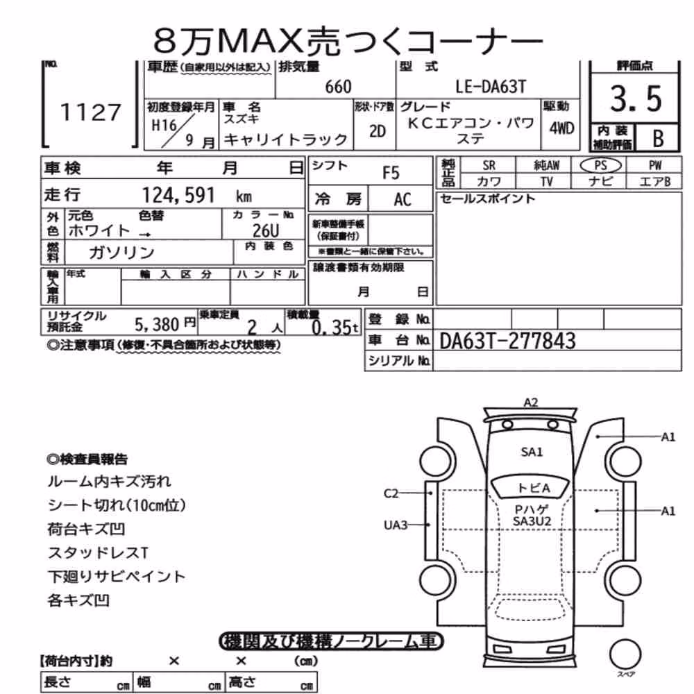Notka aukcyjna: SUZUKI CARRY TRUCK 4WD KC AIR CONDITIONING POWER STEERING
