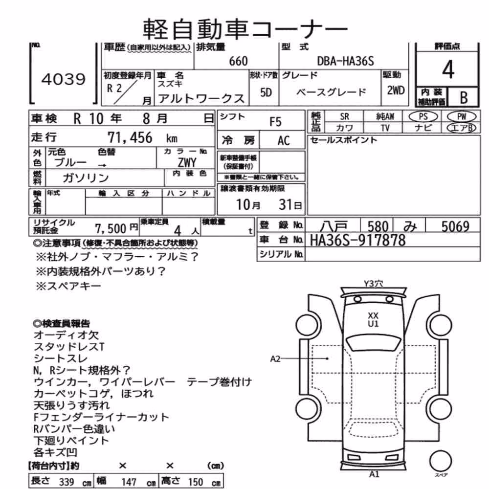 Notka aukcyjna: SUZUKI ALTO WORKS 5D BASE GRADE