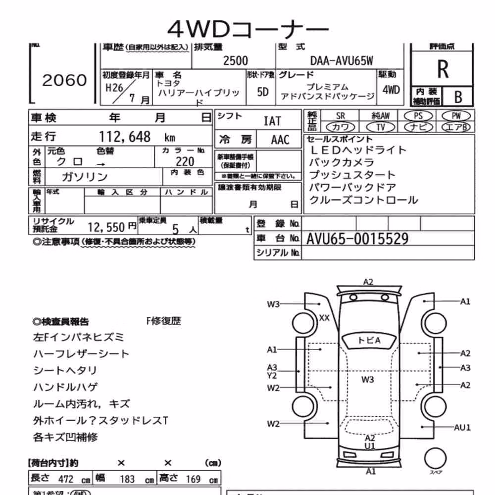 Notka aukcyjna: TOYOTA HARRIER HYBRID 4WD PREMIUM ADVANCED PACKAGE